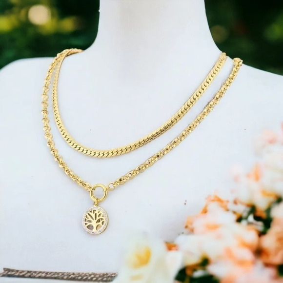 🆕️18K Gold Plated Double Chain Necklace w/ Rhinestone Tree of Life Pendant 🌳 - Picture 6 of 11